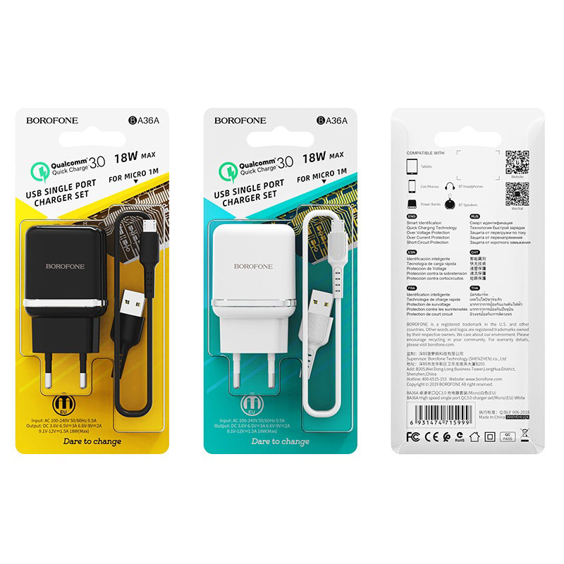 Chargeur Borofone BA36A USB-Micro 18W Chargeur Borofone BA36A USB-Micro 18W
